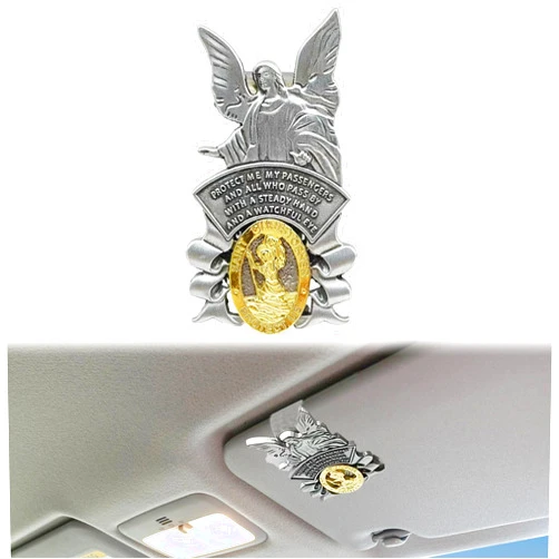 Vrasly Guardian Angel Car Visor Clip, St Christopher Medal for Car, Car Saint Christopher with Guardian Angel Visor Medal Clip Religious Sun Visor Clip, Bless Driving Safety Religious Gift