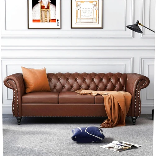 AVZEAR Chesterfield Leather Sofa 3 Seater Couch, Mid-Century Large Sofa Roll Arm Classic Tufted Settee Modern PU Sofa with Channel Tufted Seat Back for Living Room, Office, Apartment, PU Brown