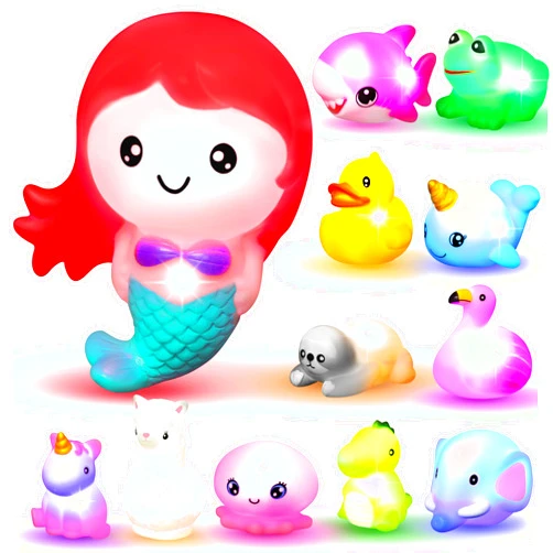 JOYIN 12Pcs Light Up Bath Toys, Toddler Flashing Colourful LED Bathtub Mermaid Toy, Baby Bathtime Floating Rubber Shower Toy for Infant Baby Kids Boy Girl Birthday Valentines Gift Swimming Pool Party