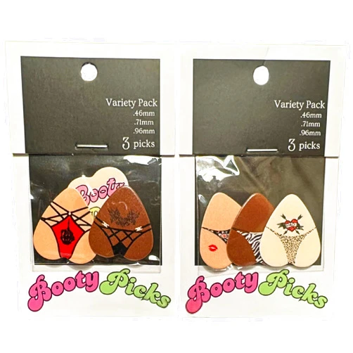 BOOTY PICKS Premium Celluloid BOOTY themed Guitar Picks, BOOTY PICKS Variety Pack with Novelty Designs, Light (.46mm), Medium (.71mm), Heavy (.96mm), (6 count)