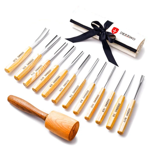 DERRWO Wood Carving Tools Set,12 Chisels with Mallet and Canvas Case,Wood Chisel Tools,Quality Carving Tools,Razor Sharp CR-V 60 Steel Blades,Woodworking Chisel Set