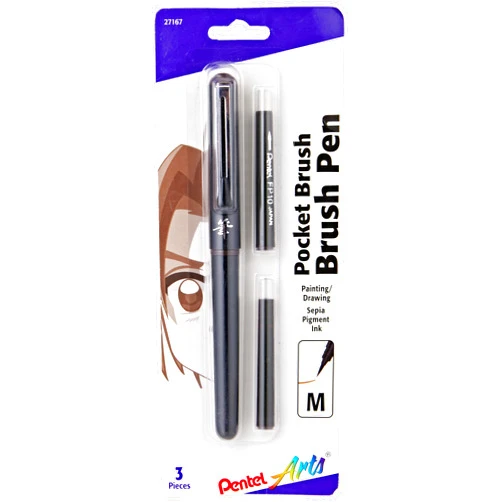 Pentel Arts Pocket Brush Pigment Ink Pen w/Refills - (1) Pocket Brush Pen, (2) Pigment Ink Refills - Sepia (GFKP3BPSP), Black