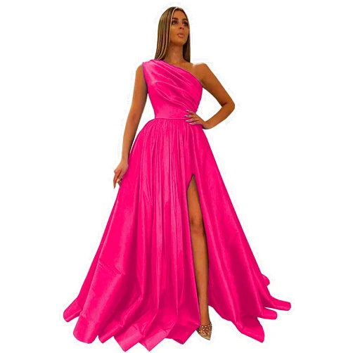 Fu Jiang Women's One Shoulder Satin Prom Dresses Long Slit Ball Gown Formal Evening Dress with Pockets