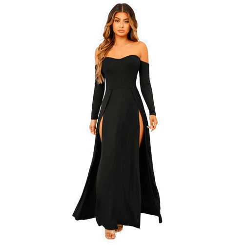 SweatyRocks Women's Elegant Off Shoulder Double High Slit Long Sleeve Dress A Line Maxi Dresses