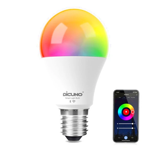 DiCUNO Smart Light Bulbs, Full Color Changing Bulb, Work with Alexa, Google Assistant, No Hub Required, RGBCW Multicolor Dimmable Smart LED WiFi Bluetooth A19 E26 9W 800LM Lights, 1-Pack
