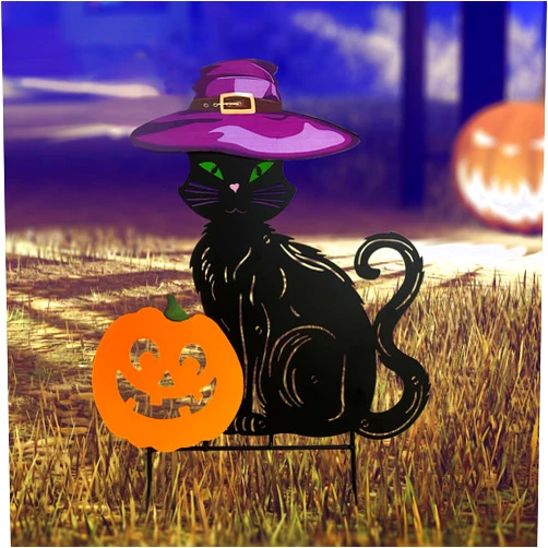 HUTHDAK Halloween Garden Stakes，Metal Black Cat Halloween Yard Stakes with Witch Hats for Halloween Decor,Halloween Stakes for Halloween Outdoor Decor,Garden Decorations,Yard Art,Patio,Lawn Ornaments