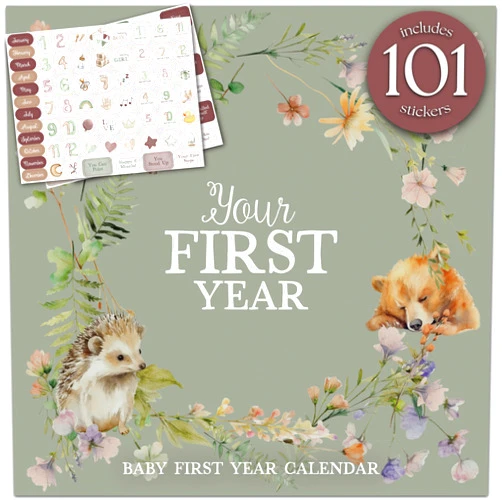 Bibi & Beau Baby's First Year Calendar with 100 Stickers - Woodland Animals 1st Years Wall Calendar With Stickers, Baby Tracker, Baby Scrapbook for New Mom and Newborn Boys & Girls