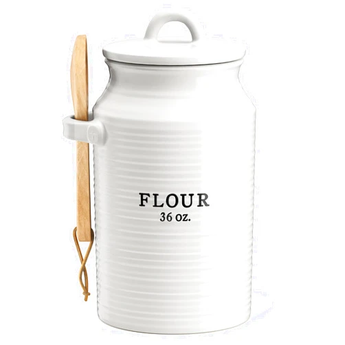 Barnyard Designs Flour Canister for Kitchen Counter, Decorative Ceramic Flour Container, Rustic Farmhouse Canister Jar, White
