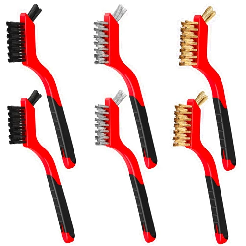 VUEKYN Premium 6 PCS Stainless Steel/Nylon/Brass Wire Brush Set, 7-inch, Small Curved Handle for Deep Cleaning of Rust and Dirt