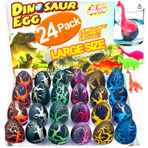 iGeeKid 24Pcs Hatching Dinosaur Eggs Party Favors for Kids Birthday Goodie Bag Stuffers, Grow in Water Hatch Dinosaur Egg with Assorted Color Crack Science Kits Novelty Toy Gifts