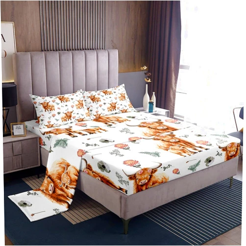 Feelyou Highland Cattle Bed Sheet Set Cows Fitted Sheet Flowers Leaves Bedding 1 Sheet & 1 Flat Sheet & 2 Pillowcases Full Size