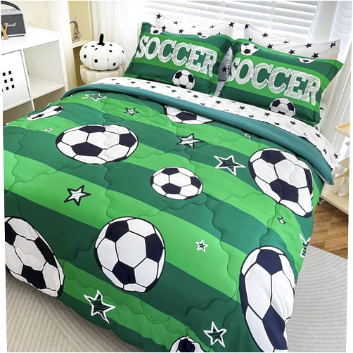 Gusuhome 7 Piece Boys Soccer Comforter Set Full Size Bed in A Bag 3D Football Playground Sports Bedding Set for Kids Microfiber Comforter All Season Green