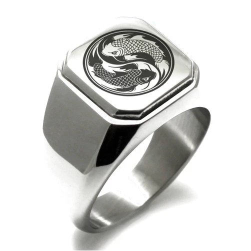 Tioneer Stainless Steel Signet Biker Rings for Men, Yin & Yang Symbol Square Flat Top (Black, Gold, Silver), Size 7-16