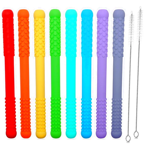 Hoaisun Teething Straws Sticks for Babies 6-12 12-18 Months, Hollow Teething Tubes for Infant Toddlers Nursing Biting Chewing, 8 Pack Silicone Teethers Autism Chew Toys for Sensory Kids Teething Relief