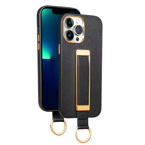 KOMISS Case for iPhone 14/14 Plus/14 Pro/14 Pro Max, PU+PET Protective Phone Case with Wrist Strap, Hand Strap Stand Shockproof Bumper Cover,Black,14 Plus 6.7