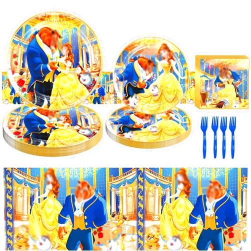 Generic 51 PCS Princess Belle Birthday Party Supplies,Princess Birthday Party Tableware Set,Dinner Dessert Plates Napkins Forks Tablecloth for Girls Princess Birthday Tea Party Table Decor,10 Guests