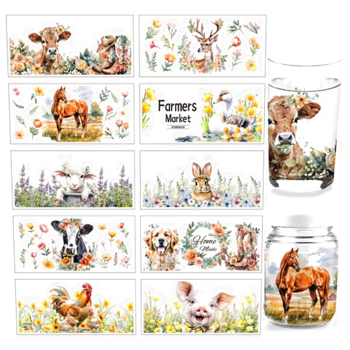 arricraft 10 Sheets Animals Theme UV DTF Cup Wrap Transfer Stickers, 9.45x4.33 Inchs Cow Sheep Chicken Rub on Transfers Decal for 16OZ Glass Cups Furniture Craft Wood DIY Crafts