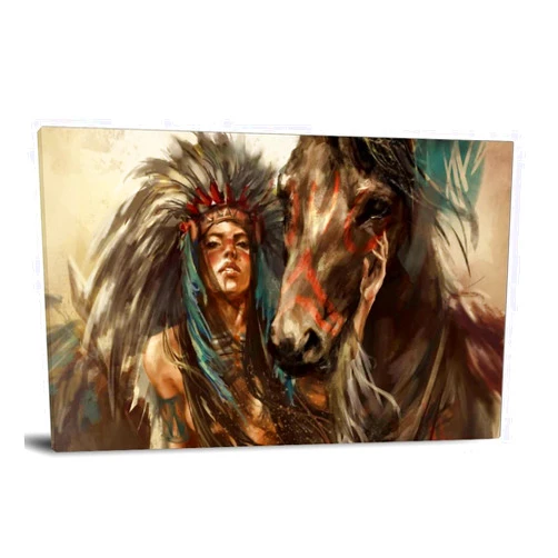 LIXI Native American Headdress Girls with Horse Posters Canvas Prints Modern Family Living Room Aesthetic Decor Poster Bedroom Cool Wall Art Paintings 16x24inch(40x60cm)