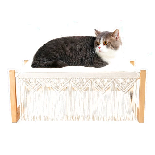 Dahey Boho Cat Bed with Blanket Wooden Cat Hammock Bed for Indoor, Macrame Elevated Pet Beds Breathable Cat Couch Furniture Pet Resting Hammock Cat Chair Gift for Cats and Small Dogs