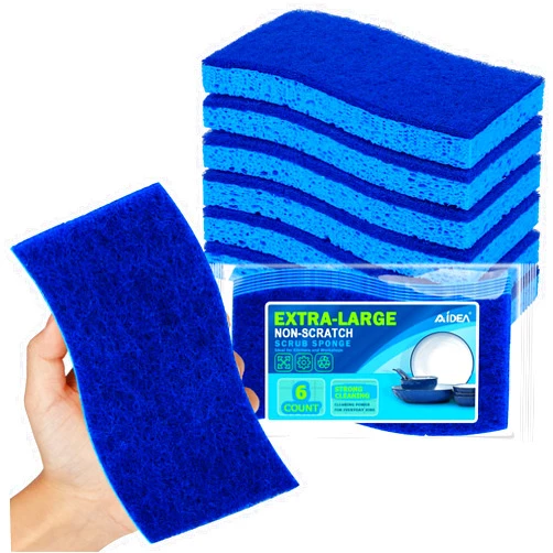 AIDEA XL Non-Scratch Scrub Sponge 6Count, Extra Large Sponges Kitchen, Sponges for Dishes, Cleans Fast Without Scratching Safe for Non-Stick Cookware, Cleaning Power for Kitchen, House