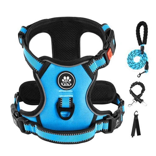 IVY&LANE No Pull Dog Harness for Medium Dogs, Dog Vest Harness with Leash, Safety Belt and Storage Strap, Fully Adjustable Harness, 360° Reflective Strip, Soft Handle (Blue, M)