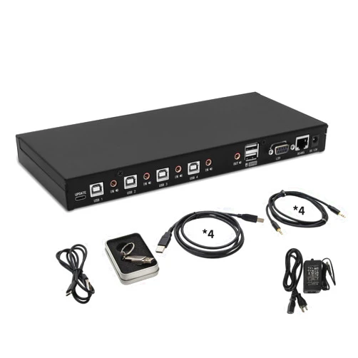 Kinan 4-Port KM Switch with Mouse Roaming Control, Independent Audio Switching, Hotkey Control, Includes Management Software(U-Disk) to Customize Switching Modes, USB-C Firmware Upgrade Cable