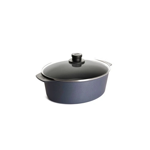 Woll Lite Light/Plus Diamond Reinforced Nonstick Scratch Resistant Cast Aluminum Cookware Oval Roaster with Lid, 6.3-Quart, Gray