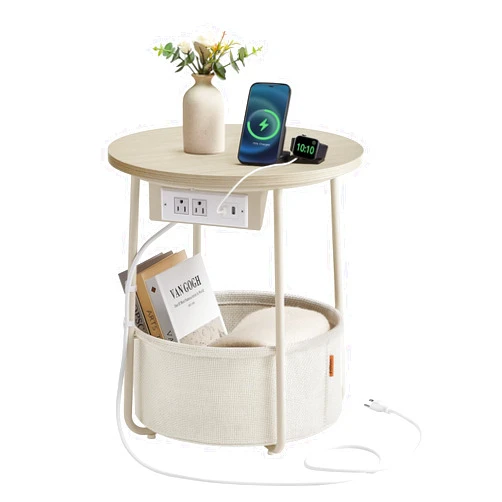 VASAGLE LILEA Collection - Side Table with Charging Station, Round End Table with Fabric Basket, Nightstand with USB Ports, for Living Room, Bedroom, Modern, Cream White ULET228N01