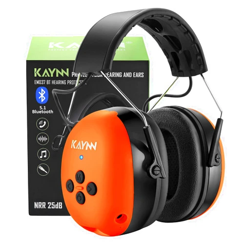 KAYNN Bluetooth 5.1 Hearing Protection Headphones, 25dB NRR Safety Noise Reduction Earmuffs with Rechargeable 1500mAh Battery, Ear Muffs with 40H Playtime for Mowing - Orange
