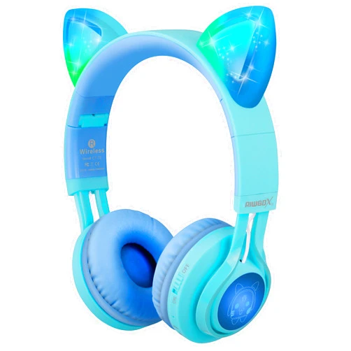 Riwbox Kids Headphones, CT-7S Cat Ear Bluetooth Headphones 85dB Volume Limiting,LED Light Up Kids Wireless Headphones Over Ear with Microphone for Laptop/PC/TV(Blue&Green)