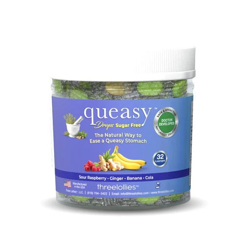 Three Lollies Queasy Drops Sugar Free - Relief from Nausea & Travel Sickness, Alleviates a Dry Mouth, Non-Drowsy Natural Ingredients - 32 ct