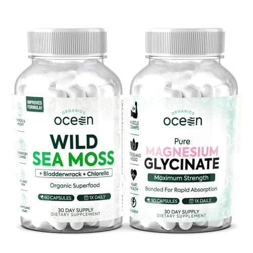 Organics Ocean Wild Sea Moss Capsules and Pure Magnesium Glycinate with Zinc - 100% Irish Sea Moss and Chelated Magnesium Supplement for Women and Men - Thyroid, Muscle Cramps and Sleep Support