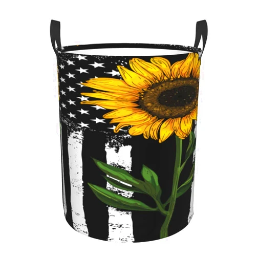 FuriTou American Flag Sunflower Laundry Basket Collapsible Laundry Hamper Toy Storage Bin Waterproof Clothes Organizer Basket With Handle Medium