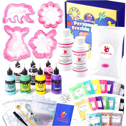 MUBYOK Car Freshies Supplies Starter Crafting Kit,DIY Freshie Making kit with 1LB Unscented Aroma Beads,4 oz Fragrance Oil,Freshies Silicone Molds，Acrylic Paint,Mica Powder,Glitter（Make 6 freshie）