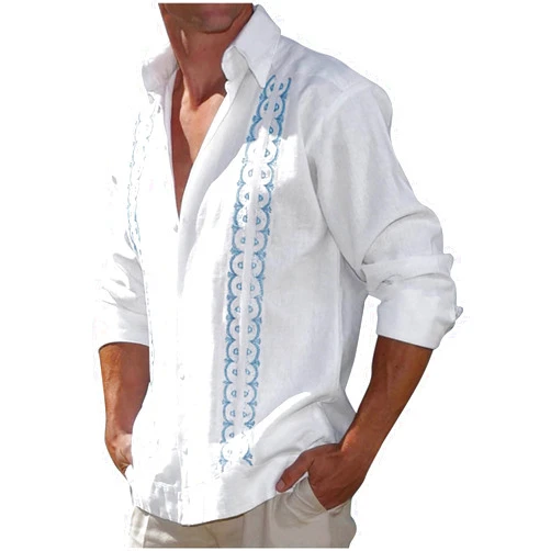 Generic Men's Cuban Guayabera Shirts - Casual Long Sleeve Cotton Linen Button Down Shirt Summer Regular Fit Beach Tops