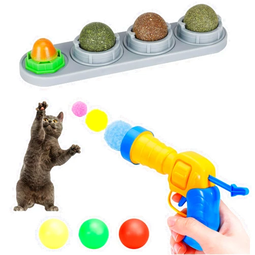 SINROBO 4 Catnip Balls and Cat Ball Launcher with Plush Ball （30 balls） Cat Toys Bundle