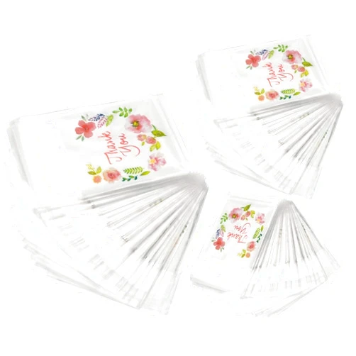 Cnomg 300pcs Thank You Printed Plastic Bags Pink Flower OPP Self Adhesive Cookie Mini Candy Packaging Biscuit Roasting DIY Gift Favor bags For All Parties