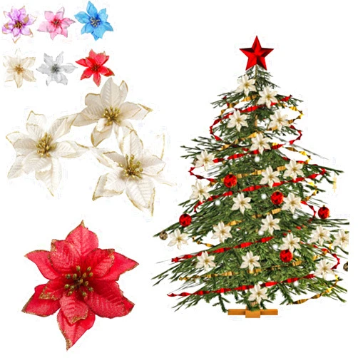 Hawencer 50Pcs/Pack 5.5 Inch Christmas Decoration Flower Simulation Christmas Poinsettia Glitter Artificial Christmas Flowers for Xmas Tree Ornaments, Garland Accessories (Gold)