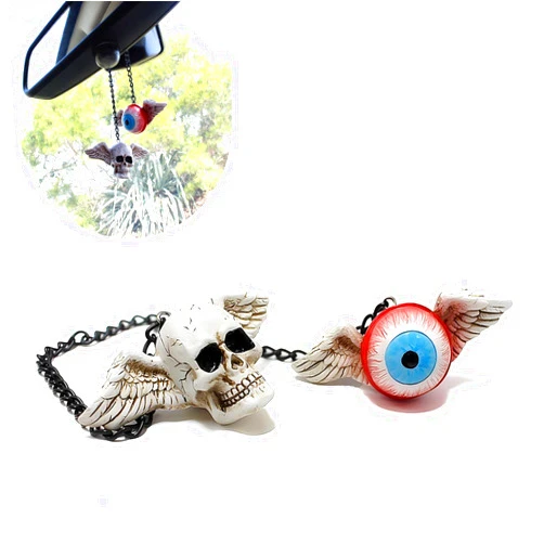 Awlbed 2 PCS Car Horror Style Decorative Pendant, Simulated Eyeball Skull with Wings Pendant, Halloween Horror Style Decoration, Universal for Most Cars (White)