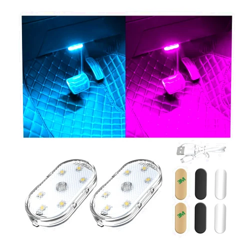 Wevdn 2 PCS Car LED Lights Interior Wireless, Magnetic Car Ambient Lighting with 6 Bright LED Lamp Beads, Portable USB Rechargeable Vehicle Interior Led Night Light for Car (Ice Blue+Pink)