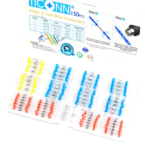 TICONN 150 PCS Solder Seal Wire Connectors, Heat Shrink Butt Connectors, Waterproof and Insulated Electrical Wire Terminals, Butt Splice (150PCS)