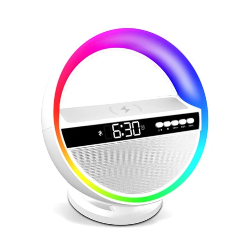 LeeNabao 2024 New Led Wireless Charging Lamp, Bluetooth Speaker with Clock, Bedside Ambient Light, Desktop Multi-Functional Speaker (White)
