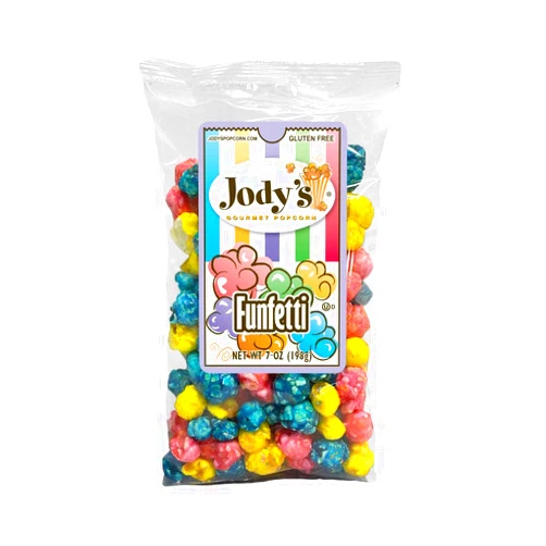 Jody's Gourmet Popcorn Funfetti, 7 Ounce. Decadent, Indulgent, Colorful, Rich candy coated popcorn. Gluten Free, Kosher Certified, Non-GMO, Made in USA, Packaging May Vary