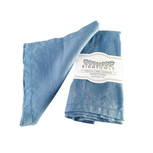 Eight Owls Hemstitched Linen Napkins – 20 Inch x 20 Inch – Stonewashed Pure Linen Cloth Dinner Napkins with Mitered Corners - 100% French Flax – Machine Washable - Set of 4 (Dusty Pastel Blue)