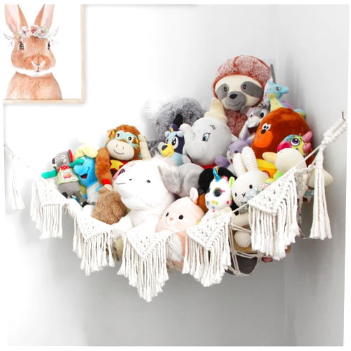Huddle Supply Co Macrame Stuffed Animal Hammock Corner Stuffy Net - Extra Large Washable Boho Macrame Toy Hammock for Stuffed Animals, Easy Install Toy Net for Stuffed Animals Storage - Ivory White