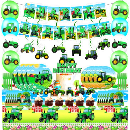 HCCBM Tractor Birthday Party Supplies,Farm Party Themed Decorations & Tableware Set,Includes Plates,Napkins,Table Covers,Balloons,Swirls and Birthday Banner more,Ideal for Barnyard or Farm Theme Party