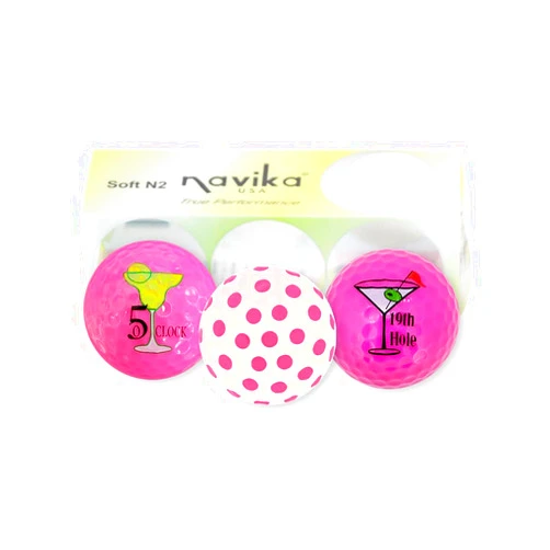 NAVIKA Happy Hour Fun Printed Golf Ball Set It's 5 O'Clock Somewhere & 19th Hole on Neon Pink, Pastel Pink Polka Dots on White Golf Balls | Sleeve of 3 Golf Balls | Fun Gift for Women Golfers