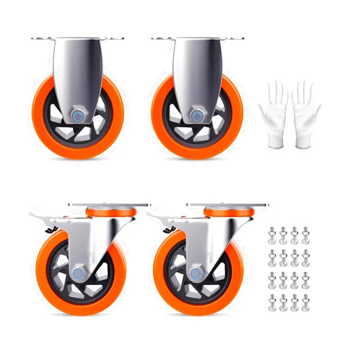 HPLMKJ 5 Inch Swivel Caster Wheels Set of 4, Heavy Duty Casters with Brake - Load 1800lbs, Polyurethane Locking Casters for Cart, Furniture, Workbench (Bonus of Screws & Gloves)
