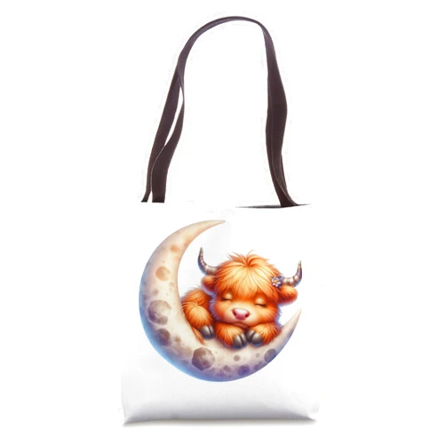 Cute Baby Highland Cow Sleeping on the Moon Heifer Farm Tote Bag