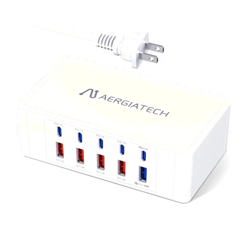 Aergiatech USB C Charger Station, 10-Port 100W Charging Hub with PD3.0 and QC3.0 Fast Charging for Multiple Devices, Compatible with iPhone 15/Pro/14/13, iPad Air/Pro, Galaxy -White